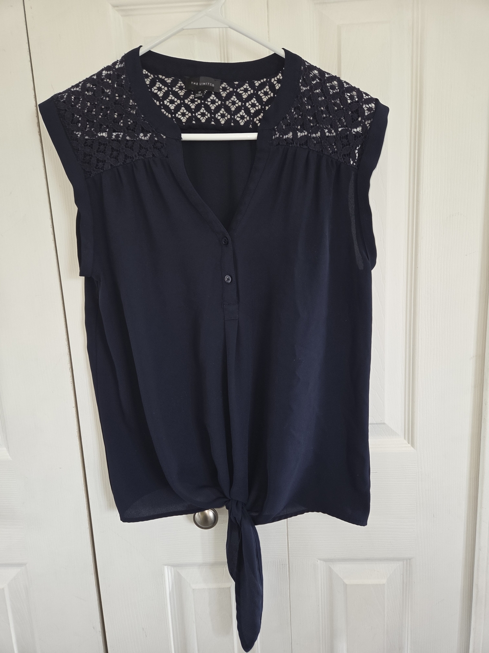 Women's The Limited Navy Crochet Yoke Top Tie-Front, Thin, Size Med
